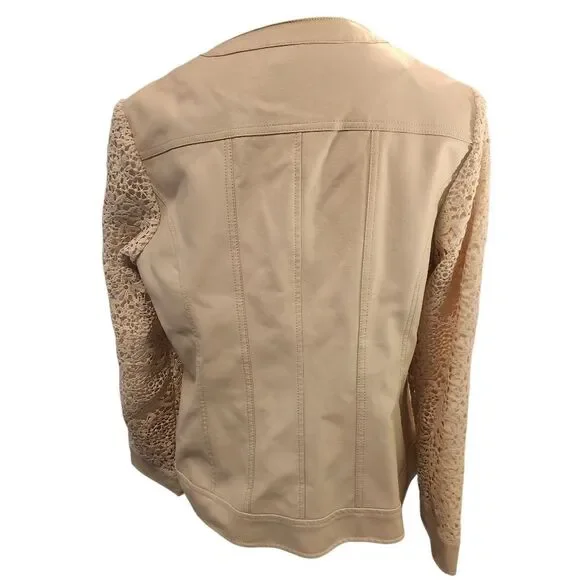 Chico's Faux Leather Blazer Jacket Size 1 Medium Ivory Cream Zip Lace Sleeves - Picture 8 of 10